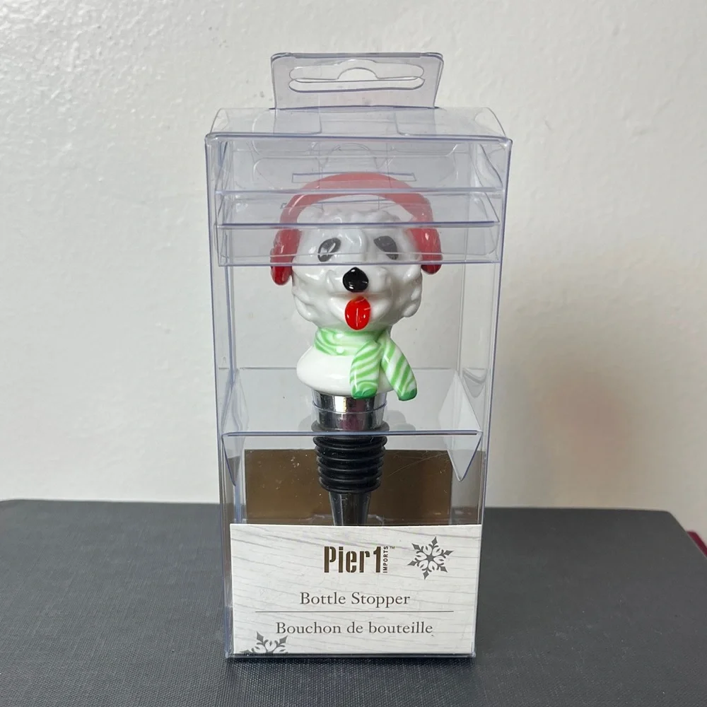 Pier 1 Ceramic White Dog w Red Earmuffs Green Scarf Holiday‎ Wine Bottle Stopper